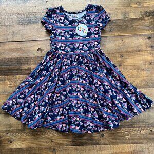 NWT Dot Dot Smile Classic Cap Sleeve Dress Striped Leaves Navy 3/4